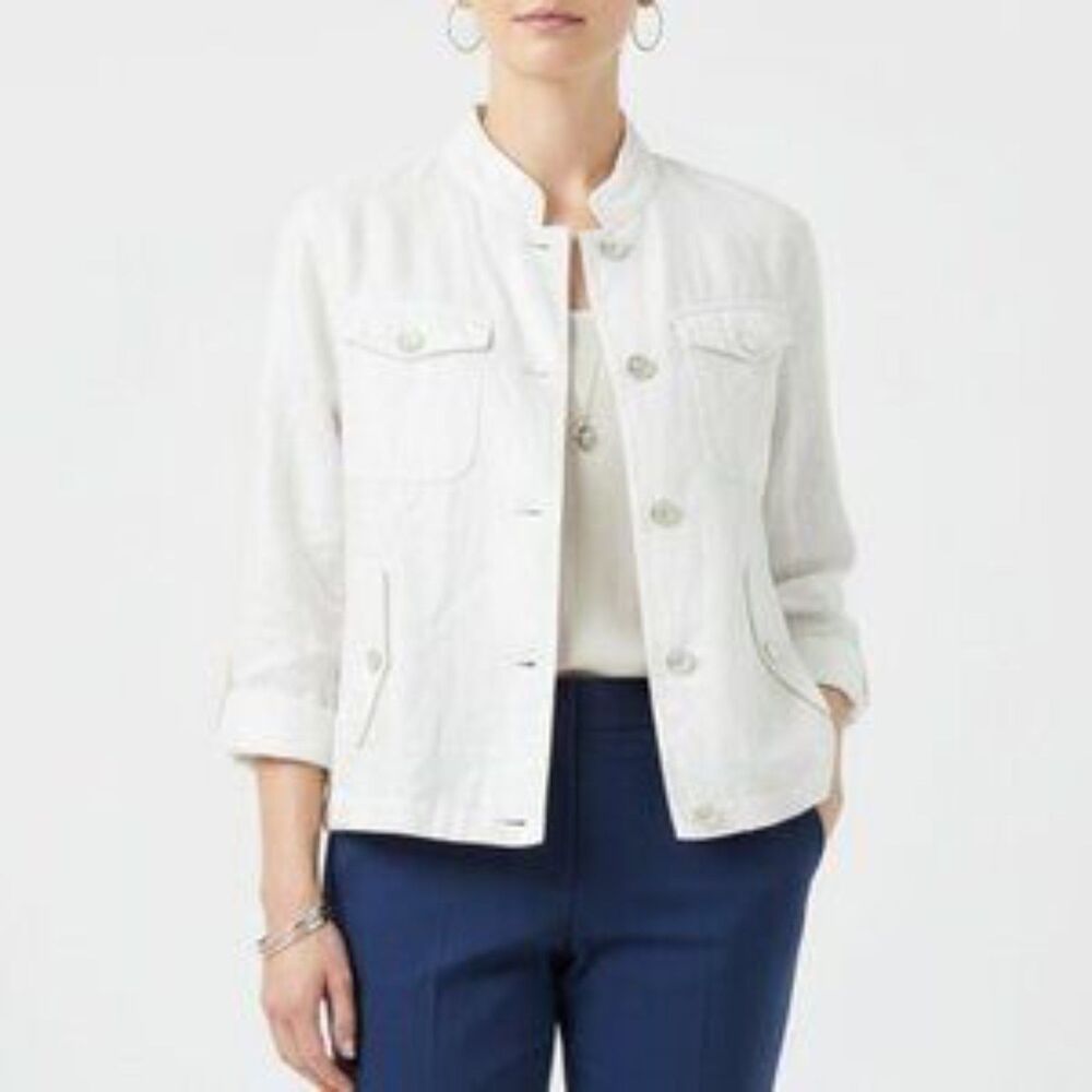 Linear Linen Blend Ivory Button Up Half Sleeve Cropped Utility Jacket S